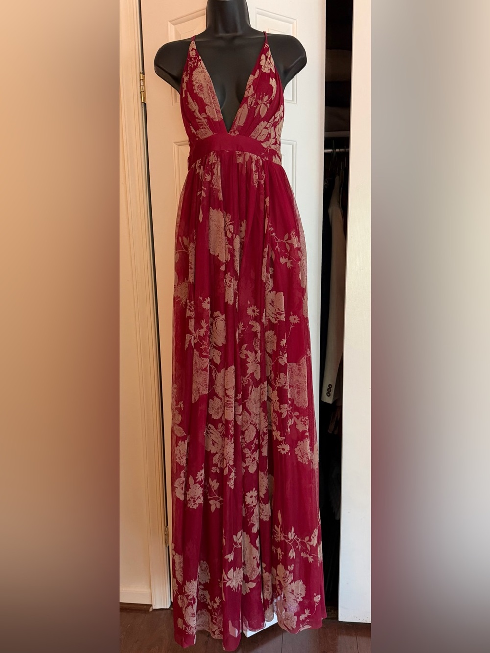 Ever After Red Floral Maxi Dress with Crisscross Back perfect for a dressy event